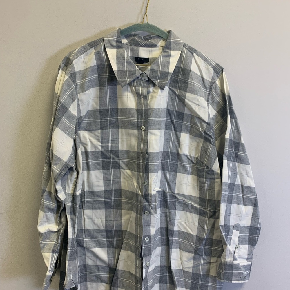 Talbots Women's Gray and White Plaid Button Down Shirt